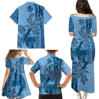 Talofa Samoa Mamanu Siapo Mix Malu Family Matching Puletasi and Hawaiian Shirt Cool Blue Frangipani and Turtles