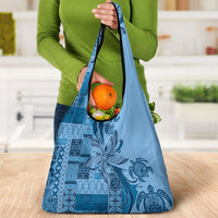 Talofa Samoa Mamanu Siapo Mix Malu Grocery Bag Cool Blue Frangipani and Turtles