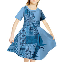 Talofa Samoa Mamanu Siapo Mix Malu Kid Short Sleeve Dress Cool Blue Frangipani and Turtles LT7 - Polynesian Pride