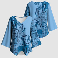 Talofa Samoa Mamanu Siapo Mix Malu Kimono Sleeve Blouse Cool Blue Frangipani and Turtles