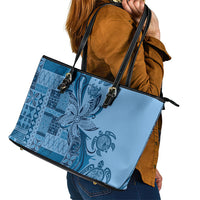 Talofa Samoa Mamanu Siapo Mix Malu Leather Tote Bag Cool Blue Frangipani and Turtles