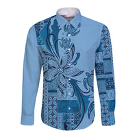 Talofa Samoa Mamanu Siapo Mix Malu Long Sleeve Button Shirt Cool Blue Frangipani and Turtles
