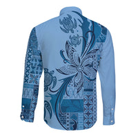 Talofa Samoa Mamanu Siapo Mix Malu Long Sleeve Button Shirt Cool Blue Frangipani and Turtles