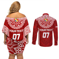 Personalised Tonga Rugby Couples Matching Off Shoulder Short Dress and Long Sleeve Button Shirts Mate Ma'a Tonga Champions LT7 - Polynesian Pride