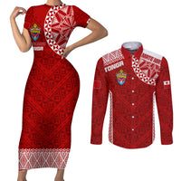 Personalised Tonga Rugby Couples Matching Short Sleeve Bodycon Dress and Long Sleeve Button Shirts Mate Ma'a Tonga Champions LT7 Red - Polynesian Pride