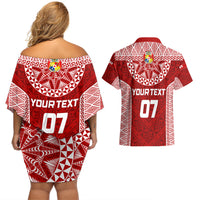 Personalised Tonga Rugby Couples Matching Off Shoulder Short Dress and Hawaiian Shirt Ikale Tahi Champions World Cup 2023 LT7 - Polynesian Pride
