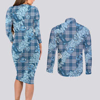 Blue Palaka Hawaii Cowboy Christmas Couples Matching Long Sleeve Bodycon Dress and Long Sleeve Button Shirt Paniolo Mix Maile Lei - Polynesian Pride