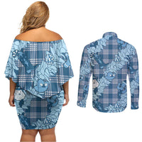 Blue Palaka Hawaii Cowboy Christmas Couples Matching Off Shoulder Short Dress and Long Sleeve Button Shirt Paniolo Mix Maile Lei - Polynesian Pride