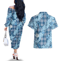 Blue Palaka Hawaii Cowboy Christmas Couples Matching Off The Shoulder Long Sleeve Dress and Hawaiian Shirt Paniolo Mix Maile Lei - Polynesian Pride