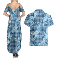 Blue Palaka Hawaii Cowboy Christmas Couples Matching Summer Maxi Dress and Hawaiian Shirt Paniolo Mix Maile Lei - Polynesian Pride
