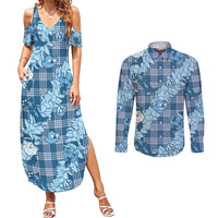 Blue Palaka Hawaii Cowboy Christmas Couples Matching Summer Maxi Dress and Long Sleeve Button Shirt Paniolo Mix Maile Lei - Polynesian Pride