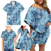 Blue Palaka Hawaii Cowboy Christmas Family Matching Off Shoulder Short Dress and Hawaiian Shirt Paniolo Mix Maile Lei - Polynesian Pride