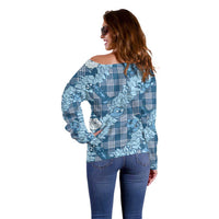 Blue Palaka Hawaii Cowboy Christmas Off Shoulder Sweater Paniolo Mix Maile Lei - Polynesian Pride