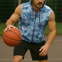 Blue Palaka Hawaii Cowboy Christmas Sleeveless Zip Hoodie Paniolo Mix Maile Lei - Polynesian Pride