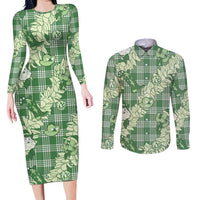 Green Palaka Hawaii Cowboy Christmas Couples Matching Long Sleeve Bodycon Dress and Long Sleeve Button Shirt Paniolo Mix Maile Lei - Polynesian Pride
