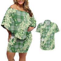 Green Palaka Hawaii Cowboy Christmas Couples Matching Off Shoulder Short Dress and Hawaiian Shirt Paniolo Mix Maile Lei - Polynesian Pride