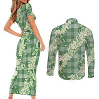 Green Palaka Hawaii Cowboy Christmas Couples Matching Short Sleeve Bodycon Dress and Long Sleeve Button Shirt Paniolo Mix Maile Lei - Polynesian Pride