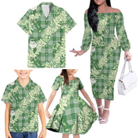 Green Palaka Hawaii Cowboy Christmas Family Matching Off The Shoulder Long Sleeve Dress and Hawaiian Shirt Paniolo Mix Maile Lei - Polynesian Pride