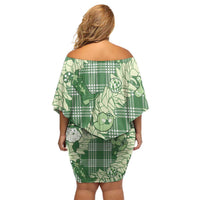 Green Palaka Hawaii Cowboy Christmas Off Shoulder Short Dress Paniolo Mix Maile Lei - Polynesian Pride