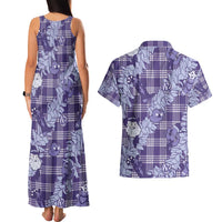Purple Palaka Hawaii Cowboy Christmas Couples Matching Tank Maxi Dress and Hawaiian Shirt Paniolo Mix Maile Lei - Polynesian Pride
