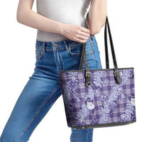 Purple Palaka Hawaii Cowboy Christmas Leather Tote Bag Paniolo Mix Maile Lei LT7 - Polynesian Pride