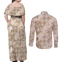 Khaki Palaka Hawaii Cowboy Christmas Couples Matching Off Shoulder Maxi Dress and Long Sleeve Button Shirt Paniolo Mix Maile Lei - Polynesian Pride