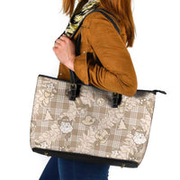 Khaki Palaka Hawaii Cowboy Christmas Leather Tote Bag Paniolo Mix Maile Lei LT7 Beige - Polynesian Pride