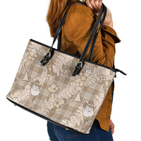 Khaki Palaka Hawaii Cowboy Christmas Leather Tote Bag Paniolo Mix Maile Lei LT7 - Polynesian Pride