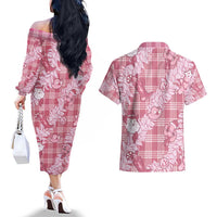 Pink Palaka Hawaii Cowboy Christmas Couples Matching Off The Shoulder Long Sleeve Dress and Hawaiian Shirt Paniolo Mix Maile Lei - Polynesian Pride