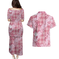 Pink Palaka Hawaii Cowboy Christmas Couples Matching Puletasi and Hawaiian Shirt Paniolo Mix Maile Lei - Polynesian Pride