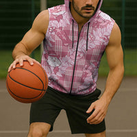 Pink Palaka Hawaii Cowboy Christmas Sleeveless Zip Hoodie Paniolo Mix Maile Lei - Polynesian Pride