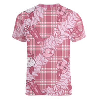 Pink Palaka Hawaii Cowboy Christmas Women V-Neck T-Shirt Paniolo Mix Maile Lei - Polynesian Pride