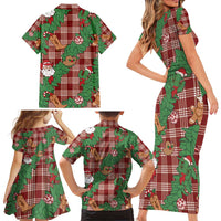 Red Palaka Hawaii Cowboy Christmas Family Matching Short Sleeve Bodycon Dress and Hawaiian Shirt Paniolo Mix Maile Lei - Polynesian Pride