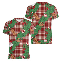 Red Palaka Hawaii Cowboy Christmas Women V-Neck T-Shirt Paniolo Mix Maile Lei - Polynesian Pride