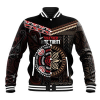 Aotearoa and Samoa Together For Te Tiriti Baseball Jacket Kowhaiwhai Mix Siapo LT7 Unisex Black - Polynesian Pride
