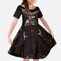 Aotearoa and Samoa Together For Te Tiriti Kid Short Sleeve Dress Kowhaiwhai Mix Siapo LT7 KID Black - Polynesian Pride
