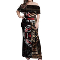 Aotearoa and Samoa Together For Te Tiriti Off Shoulder Maxi Dress Kowhaiwhai Mix Siapo LT7 Women Black - Polynesian Pride