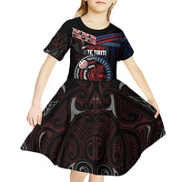 Aotearoa and Samoa Together For Te Tiriti Kid Short Sleeve Dress Kowhaiwhai Mix Siapo - Flag Color LT7 - Polynesian Pride