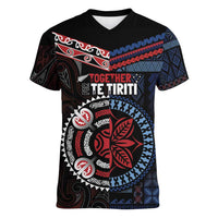 Aotearoa and Samoa Together For Te Tiriti Women V-Neck T-Shirt Kowhaiwhai Mix Siapo - Flag Color