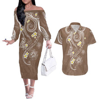 Polynesia Tribal Couples Matching Off The Shoulder Long Sleeve Dress and Hawaiian Shirt Mocha Plumeria Tentacles LT7 Mocha - Polynesian Pride