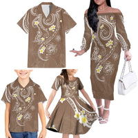 Polynesia Tribal Family Matching Off The Shoulder Long Sleeve Dress and Hawaiian Shirt Mocha Plumeria Tentacles