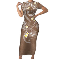 Polynesia Tribal Family Matching Short Sleeve Bodycon Dress and Hawaiian Shirt Mocha Plumeria Tentacles