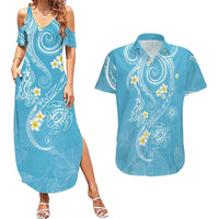 Polynesia Tribal Couples Matching Summer Maxi Dress and Hawaiian Shirt Turquoise Plumeria Tentacles