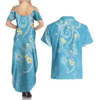 Polynesia Tribal Couples Matching Summer Maxi Dress and Hawaiian Shirt Turquoise Plumeria Tentacles