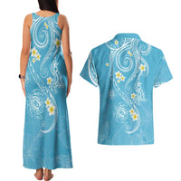 Polynesia Tribal Couples Matching Tank Maxi Dress and Hawaiian Shirt Turquoise Plumeria Tentacles