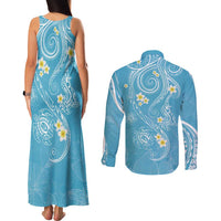 Polynesia Tribal Couples Matching Tank Maxi Dress and Long Sleeve Button Shirt Turquoise Plumeria Tentacles