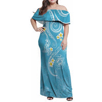 Polynesia Tribal Family Matching Off Shoulder Maxi Dress and Hawaiian Shirt Turquoise Plumeria Tentacles