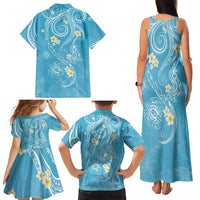 Polynesia Tribal Family Matching Tank Maxi Dress and Hawaiian Shirt Turquoise Plumeria Tentacles