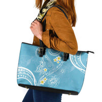 Polynesia Tribal Leather Tote Bag Turquoise Plumeria Tentacles