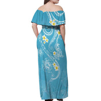 Polynesia Tribal Off Shoulder Maxi Dress Turquoise Plumeria Tentacles